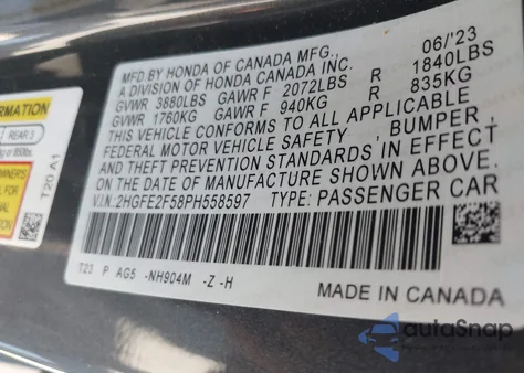 2023 Honda Civic Sport из США, поврежденный, VIN 2HGFE2F58PH558597